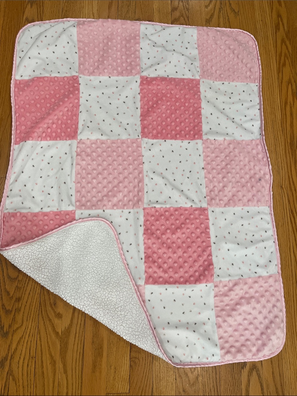 Just Born Baby Crib Blanket Patchwork Minky Pink White Gray Sherpa Satin Trim